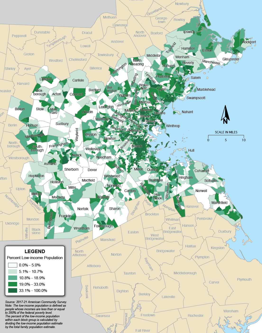 A map showing the percentage of low-income population in the Boston Region. A map showing the percentage of low-income population in the Boston Region.